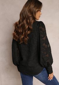 Renee - Czarna Koszula z Bufiastymi Rękawami i Tkaniny Plumeti Nuberta. Kolor: czarny. Materiał: tkanina #2