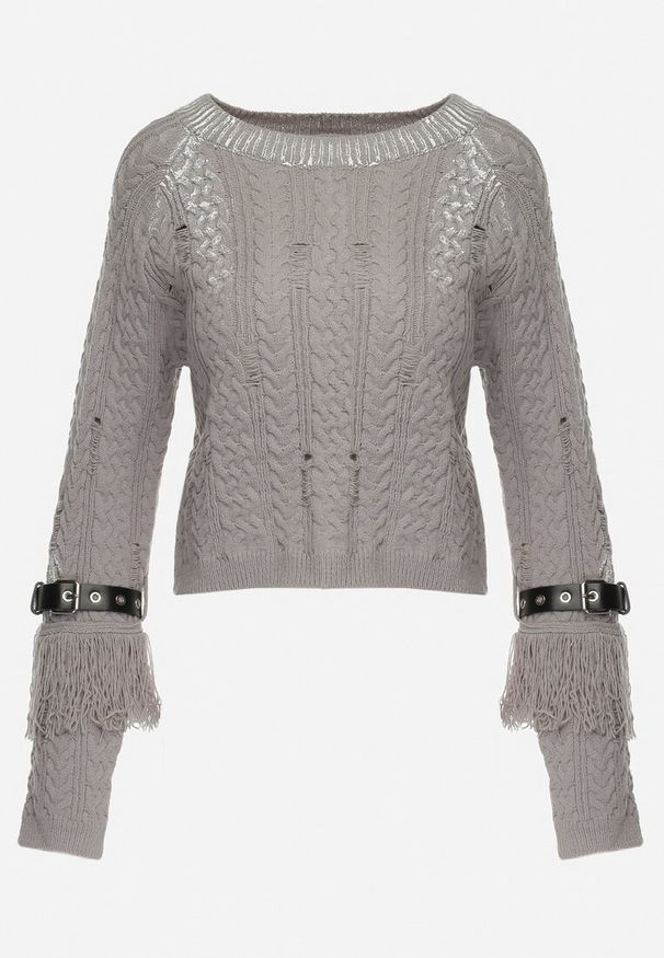 Born2be - Szary Sweter o Krótkim Fasonie z Frędzlami na Rękawach i Paskami z Ekoskóry Oplera. Kolor: szary. Długość: krótkie