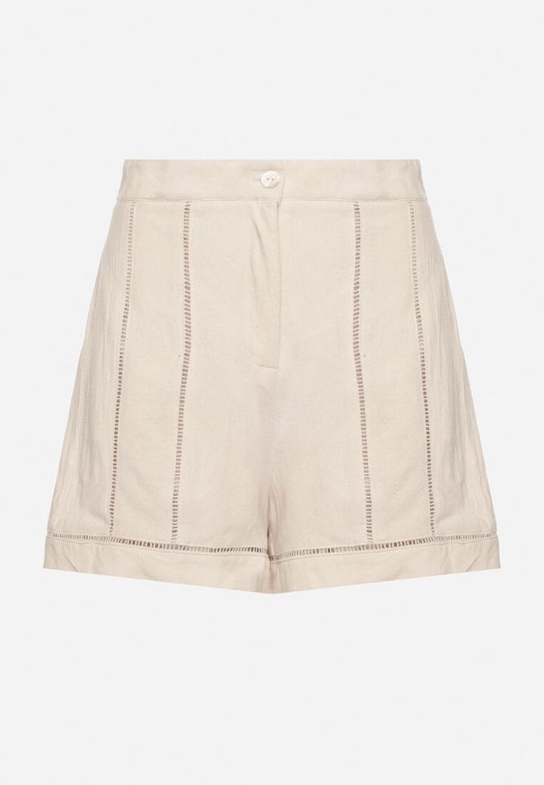 Born2be - Beżowe Bawełniane Szorty z Wysokim Stanem i Geometrycznym Wzorem Galirella. Okazja: na co dzień. Stan: podwyższony. Kolor: beżowy. Materiał: bawełna. Wzór: geometria. Sezon: lato. Styl: casual, elegancki