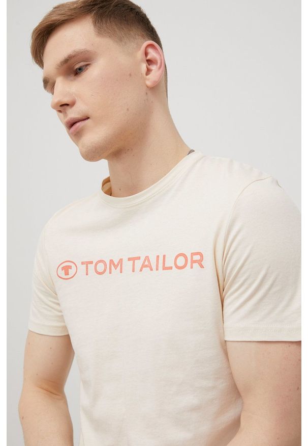 Tom Tailor t-shirt bawełniany kolor beżowy z nadrukiem. Kolor: beżowy. Materiał: bawełna. Wzór: nadruk