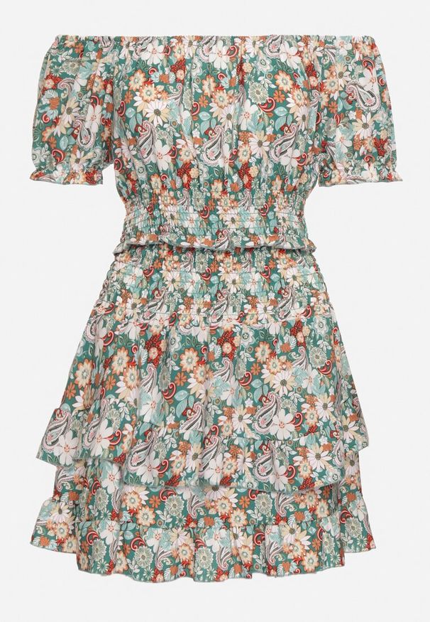 Born2be - Zielony Komplet 2-Częściowy Bluzka Typu Hiszpanka Spódnica z Falbanką i Gumką w Talii Dimonna. Kolor: zielony