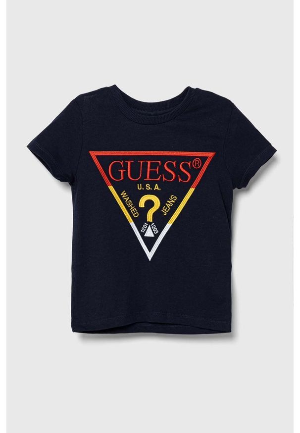 Guess t-shirt bawełniany dziecięcy kolor granatowy z aplikacją. Kolor: niebieski. Materiał: bawełna. Wzór: aplikacja. Styl: klasyczny