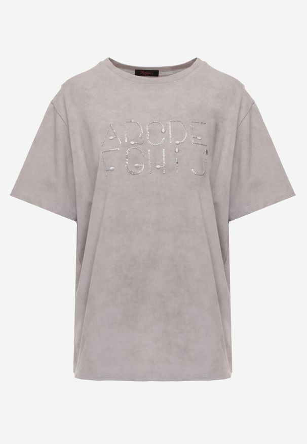 Born2be - Szary Oversizowy T-shirt z Bawełny Zdobiony Haftem z Cekinami Pidella. Okazja: na co dzień. Kolor: szary. Materiał: bawełna. Wzór: haft, aplikacja. Styl: casual, elegancki