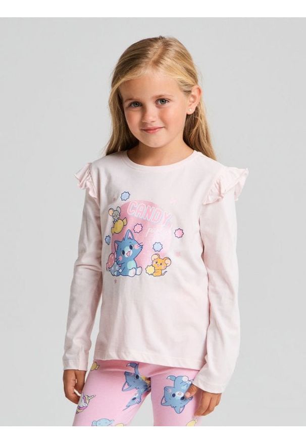 Sinsay - Bawełniana koszulka z falbanami Gokko x Tom and Jerry - różowy. Kolor: różowy. Materiał: bawełna