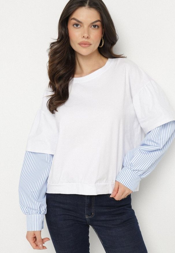 Born2be - Biała Bluzka z Bawełny z Koszulowymi Rękawami w Paski Firselia. Okazja: na co dzień. Kolor: biały. Materiał: bawełna. Długość: długie. Wzór: paski. Styl: casual, elegancki