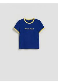 Reserved - T-shirt z nadrukiem - granatowy. Kolor: niebieski. Materiał: dzianina, bawełna. Wzór: nadruk #1