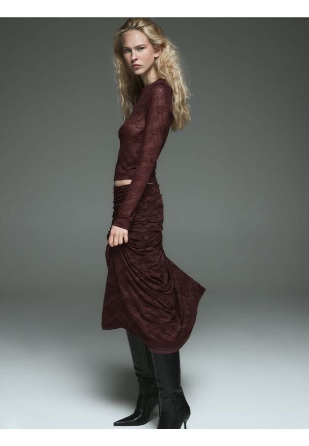 Reserved - Koronkowa spódnica midi - bordowy. Kolor: czerwony. Materiał: koronka