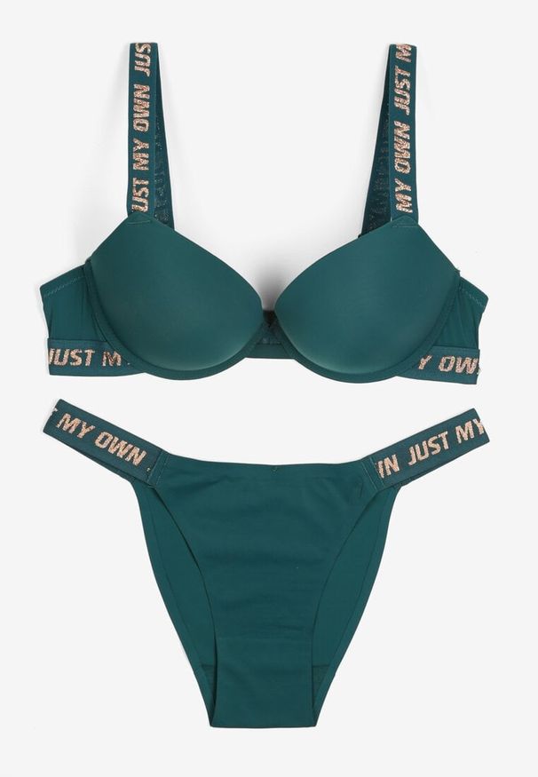 Born2be - Ciemnozielony Komplet Biustonosz Push-Up i Wycięte Majtki Figi Ozdobione Napisami Bralara. Kolor: zielony. Materiał: materiał. Wzór: aplikacja, napisy