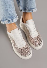 Born2be - Beżowe Sneakersy na Grubej Podeszwie Ozdobione Cyrkoniami Ilaronis. Okazja: na co dzień. Kolor: beżowy. Materiał: jeans. Wzór: aplikacja #6