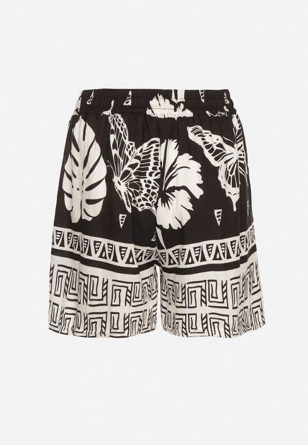 Born2be - Czarne Szorty z Wiskozy z Wysokim Stanem Zdobione Roślinnym Wzorem Miraletia. Okazja: na co dzień. Stan: podwyższony. Kolor: czarny. Materiał: wiskoza. Wzór: aplikacja. Sezon: lato. Styl: casual, elegancki