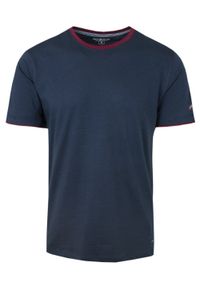 Prosty T-Shirt Męski z Lamówką na Dekolcie - Pako Jeans - Granatowy. Okazja: na co dzień. Kolor: niebieski. Materiał: bawełna. Styl: casual #1