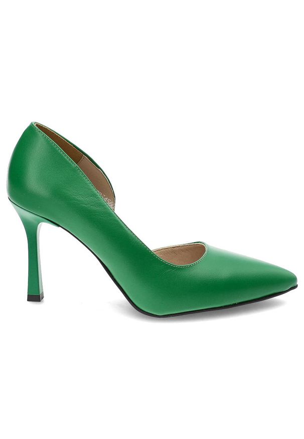Zielone Szpilki Karino Eleganckie Skórzane Buty. Okazja: na imprezę. Zapięcie: bez zapięcia. Kolor: zielony. Materiał: skóra. Szerokość cholewki: normalna. Obcas: na szpilce. Styl: elegancki
