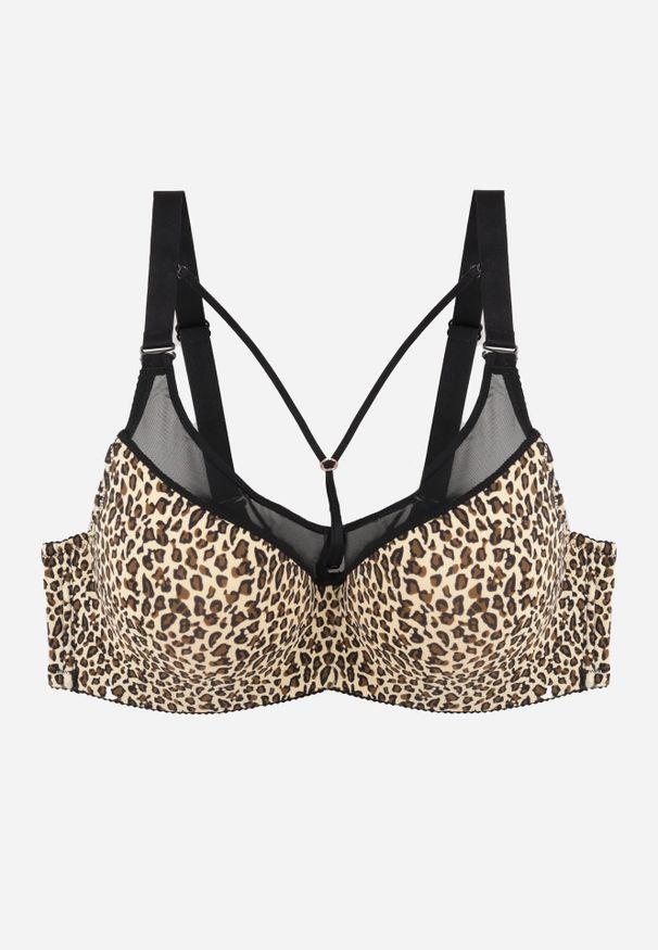 Renee - Beżowo-Brązowy Biustonosz z Siateczkową Wstawką i Ozdobnymi Paskami przy Dekolcie Sabesa. Kolor: beżowy