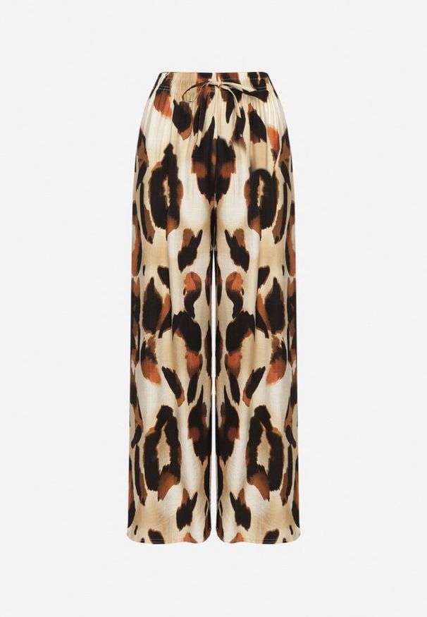 Born2be - Beżowe Spodnie z Wiskozy o Szerokim Kroju z Wysokim Stanem w Panterkę Zelmara. Okazja: na co dzień. Stan: podwyższony. Kolor: beżowy. Materiał: wiskoza. Wzór: motyw zwierzęcy. Styl: casual, elegancki