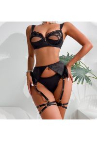 Intica - Komplet bielizny czteroczęściowy z koronką i złotymi akcentami Goranka. Kolor: czarny. Materiał: koronka. Wzór: koronka #5