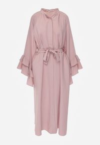 Renee - Różowa Koszulowa Sukienka z Wiskozy Ozdobiona Paskiem i Falbanami Tinethra. Okazja: na co dzień. Kolor: różowy. Materiał: wiskoza. Wzór: aplikacja. Typ sukienki: koszulowe. Styl: wizytowy, casual, elegancki #2