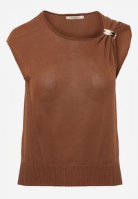 Renee - Brązowa Wiskozowa Bluzka Bez Rękawów z Dzianiny Zdobiona Metaliczną Aplikacją Alutina. Okazja: na co dzień. Kolor: brązowy. Materiał: dzianina, wiskoza. Długość rękawa: bez rękawów. Wzór: aplikacja. Styl: glamour, casual, street, elegancki #3