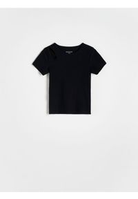 Reserved - T-shirt z ozdobnym wycięciem - czarny. Kolor: czarny. Materiał: bawełna