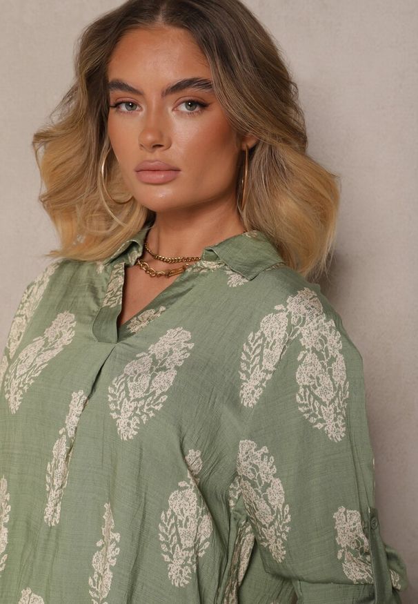 Renee - Zielony Komplet Oversize w Stylu Rustykalnym Długa Koszula i Szerokie Spodnie Mepilara. Kolor: zielony