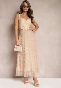 Renee - Beżowa Maxi Sukienka Rozkloszowana Sukienka na Ramiączkach z Gorsetową Górą Ocartia. Typ kołnierza: dekolt gorset. Kolor: beżowy. Długość rękawa: na ramiączkach. Typ sukienki: gorsetowe. Długość: maxi #3
