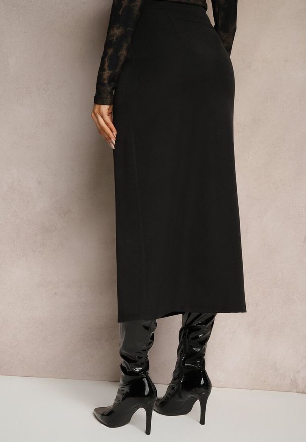 Renee - Czarna Spódnica Ołówkowa z Wiskozą High Waist z Rozcięciem Semivinia. Okazja: na co dzień. Stan: podwyższony. Kolor: czarny. Materiał: wiskoza. Styl: casual, elegancki, wizytowy