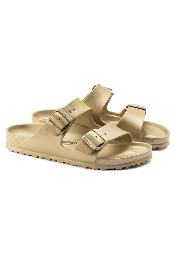 Birkenstock Arizona Essentials EVA Klapki damskie. Okazja: na plażę. Kolor: złoty. Wzór: paski. Sezon: lato. Styl: glamour, klasyczny