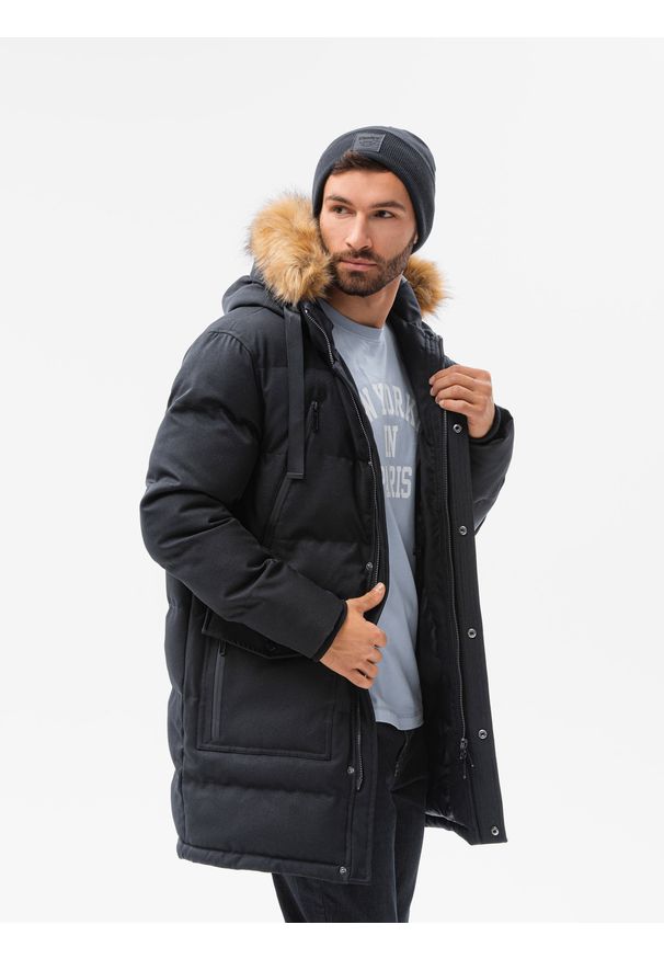 Ombre Clothing - Kurtka męska zimowa C514 - czarna - XXL. Kolor: czarny. Materiał: poliester. Sezon: zima