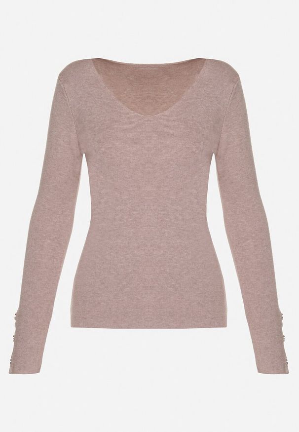 Born2be - Beżowy Sweter z Dekoltem V i Ozdobnymi Guzikami na Rękawach Atterisa. Okazja: na co dzień. Typ kołnierza: dekolt w kształcie V. Kolor: beżowy. Materiał: jeans. Długość rękawa: długi rękaw. Długość: długie. Wzór: aplikacja. Styl: casual