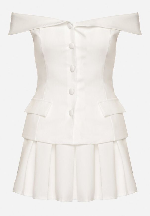 Born2be - Biały Komplet Spódnica i Bluzka Hiszpanka z Guzikami i Imitacją Kieszeni Salendrea. Kolor: biały. Materiał: jeans