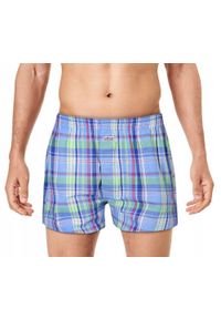 Luźne Męskie Bokserki, Bawełniane - Pako Jeans - Niebieskie w Kratkę. Kolor: niebieski. Materiał: bawełna. Wzór: kratka #2