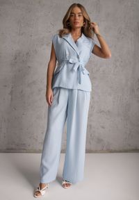 Renee - Niebieski Wiskozowy Komplet Garniturowy Spodnie Wide Leg i Kamizelka z Paskiem Elyenryl. Kolor: niebieski. Materiał: wiskoza #8