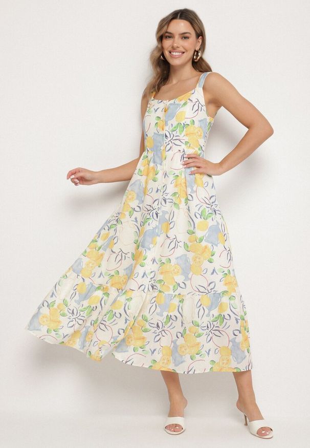 Born2be - Beżowa Sukienka z Bawełny ze Wzorem Cytryn Evitriss. Okazja: na spacer, na co dzień. Kolor: beżowy. Materiał: bawełna. Długość rękawa: na ramiączkach. Sezon: lato. Styl: casual, klasyczny