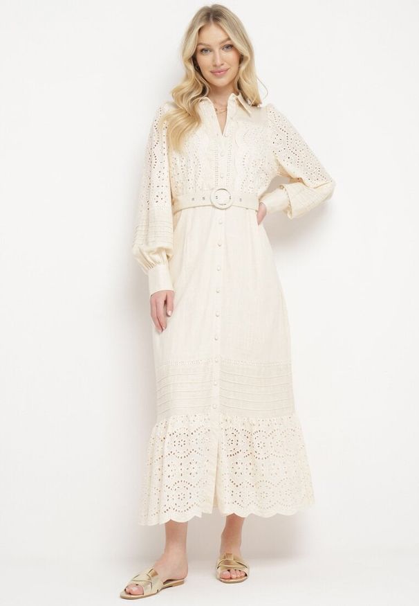 Born2be - Beżowa Koszulowa Sukienka z Lnu i Wiskozy z Paskiem w Komplecie z Ażurowym Zdobiebiem Eleces. Okazja: na co dzień, na imprezę. Kolor: beżowy. Materiał: wiskoza, len. Długość rękawa: długi rękaw. Wzór: ażurowy. Typ sukienki: koszulowe. Styl: casual, elegancki