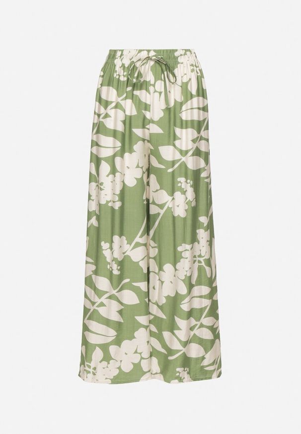 Born2be - Ciemnozielone Wiskozowe Spodnie o Szerokim Kroju z Wysokim Stanem w Kwiaty Neorilia. Okazja: na co dzień. Stan: podwyższony. Kolor: zielony. Materiał: wiskoza. Wzór: kwiaty. Styl: klasyczny, casual, elegancki