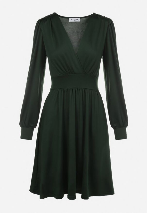 Born2be - Ciemnozielona Sukienka Kopertowa Taliowana Maecenus. Okazja: na co dzień. Typ kołnierza: dekolt w serek. Kolor: zielony. Materiał: wiskoza. Typ sukienki: kopertowe. Styl: casual, elegancki