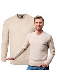 Bawełniany Sweter Męski, Okrągły Dekolt - Pako Jeans - Ecru, Tkanina z Fakturą. Kolor: brązowy, wielokolorowy, beżowy. Materiał: bawełna. Styl: klasyczny, elegancki #3