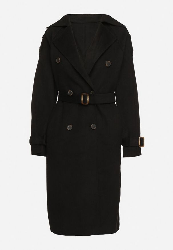 Born2be - Czarny Płaszcz Trencz o Klasycznym Dwurzędowym Kroju z Paskiem Edrisella. Okazja: na co dzień, na spacer. Kolor: czarny. Materiał: tkanina, jeans. Styl: klasyczny