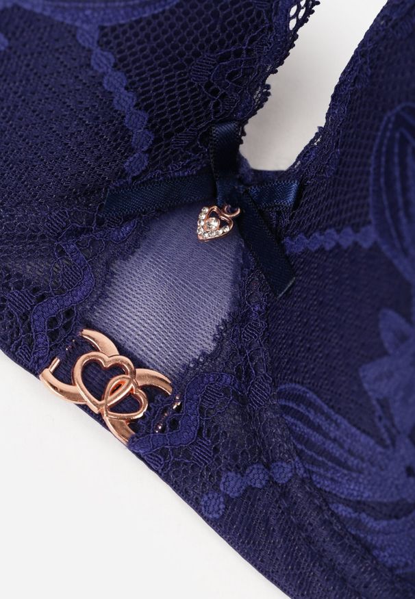 Born2be - Granatowy Biustonosz z Koronką i Metaliczną Ozdobą Valzedia. Kolor: niebieski. Materiał: koronka. Wzór: aplikacja, koronka