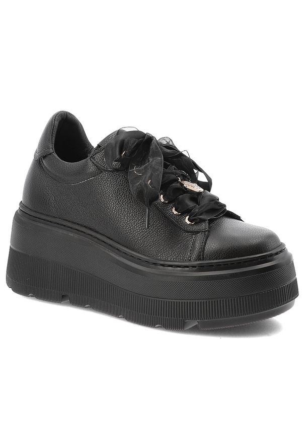 Czarne Sneakersy Karino Skórzane Obuwie Damskie Na Platformie. Okazja: na co dzień. Zapięcie: sznurówki. Kolor: czarny. Materiał: skóra. Obcas: na platformie. Styl: casual, elegancki