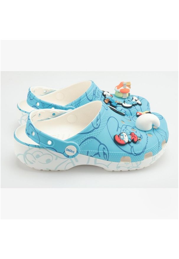 Klapki sandały chodaki damskie Crocs Smurfs Smerfy. Kolor: biały, wielokolorowy. Materiał: materiał. Styl: sportowy