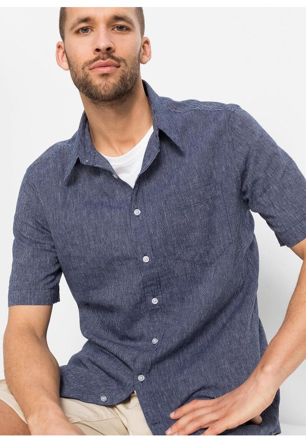 bonprix - Koszula z krótkim rękawem z materiału z domieszką lnu. Kolor: niebieski. Materiał: len, materiał. Długość rękawa: krótki rękaw. Długość: krótkie