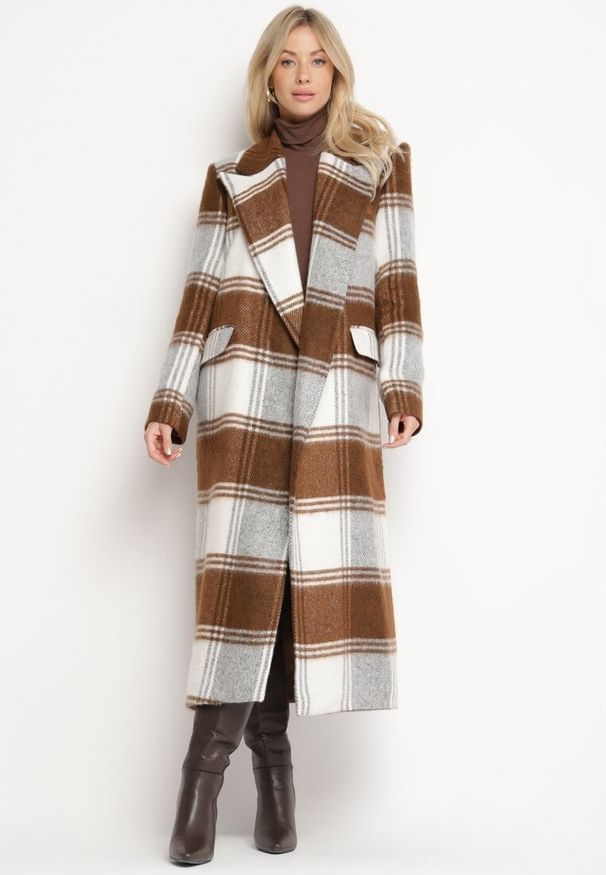 Born2be - Brązowy Płaszcz w Kratę Bez Zapięć ze Wsuwanymi Kieszeniami Fibolie. Okazja: na co dzień. Kolor: brązowy. Materiał: jeans. Styl: casual, elegancki