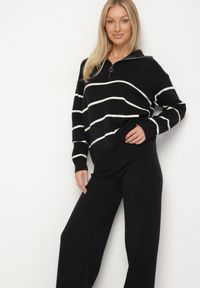 Born2be - Czarny Dzianinowy Komplet z Wełną Spodnie i Sweter w Paski z Suwakiem Ralineda. Kolor: czarny. Materiał: dzianina, wełna. Wzór: paski