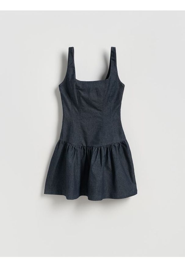 Reserved - Sukienka mini z falbaną - granatowy. Kolor: niebieski. Materiał: tkanina, bawełna. Długość: mini