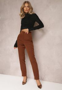 Renee - Ciemnobrązowe Spodnie Cygaretki High Waist Molfi. Okazja: do pracy, na spotkanie biznesowe. Stan: podwyższony. Kolor: brązowy. Materiał: jedwab, tkanina. Wzór: aplikacja, bez wzorów. Styl: elegancki, wizytowy, biznesowy