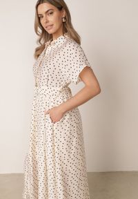 Born2be - Beżowa Koszulowa Sukienka z Wiskozy w Groszki z Wiązanym Paskiem w Talii Heless. Okazja: na co dzień, na spacer. Kolor: beżowy. Materiał: wiskoza. Wzór: grochy. Typ sukienki: koszulowe. Styl: retro, klasyczny, casual #3