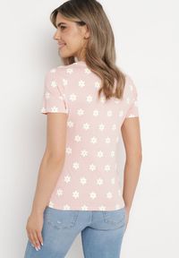 Born2be - Różowy T-shirt Bawełniany z Motywem Kwiatów Ozdobiony Cyrkoniami Atentia. Okazja: na co dzień. Kolor: różowy. Materiał: bawełna. Wzór: kwiaty, aplikacja. Styl: casual #2