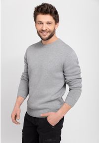 Volcano - Klasyczny sweter bawełniany S-TODD. Kolekcja: plus size. Kolor: szary. Materiał: bawełna. Wzór: melanż, aplikacja. Styl: klasyczny #1