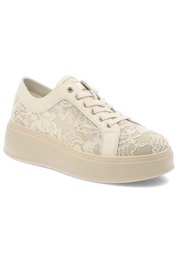 Beżowe Sneakersy S.Barski Eleganckie Koronkowe Obuwie Damskie. Zapięcie: sznurówki. Kolor: beżowy. Materiał: koronka