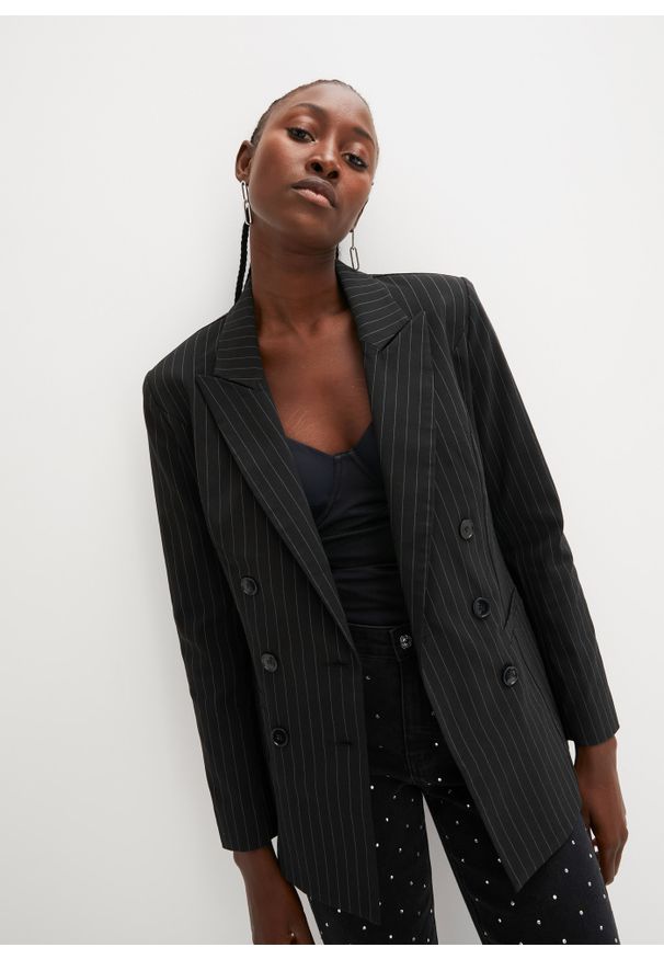 bonprix - Żakiet w tenisowe prążki. Kolor: czarny. Wzór: prążki